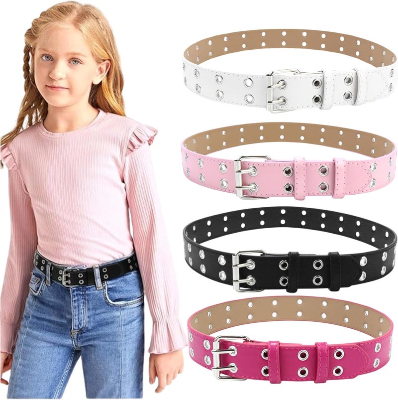 Toptim Set of 4 Kids Double Grommet Belt for Girls and Boys, Punk PU Leather Kids Studded Holes Belt for Jeans Pants - Image 1